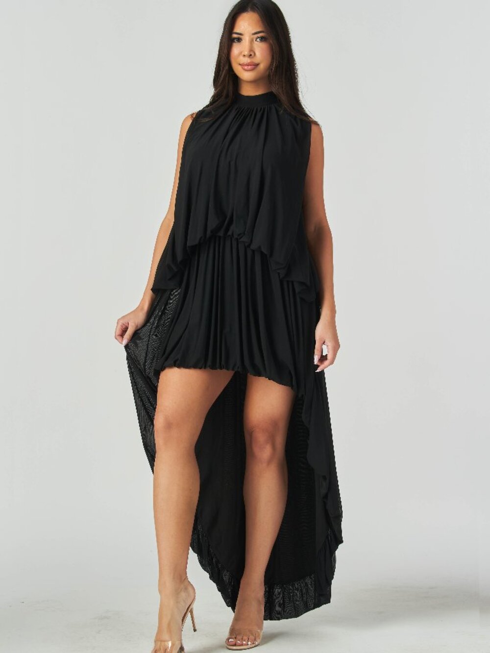 Women's Black Hi-low Sleeveless Mesh Dress with Full Lining